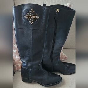 Authentic Tory Burch Black Leather Riding Boots with Gold Logo